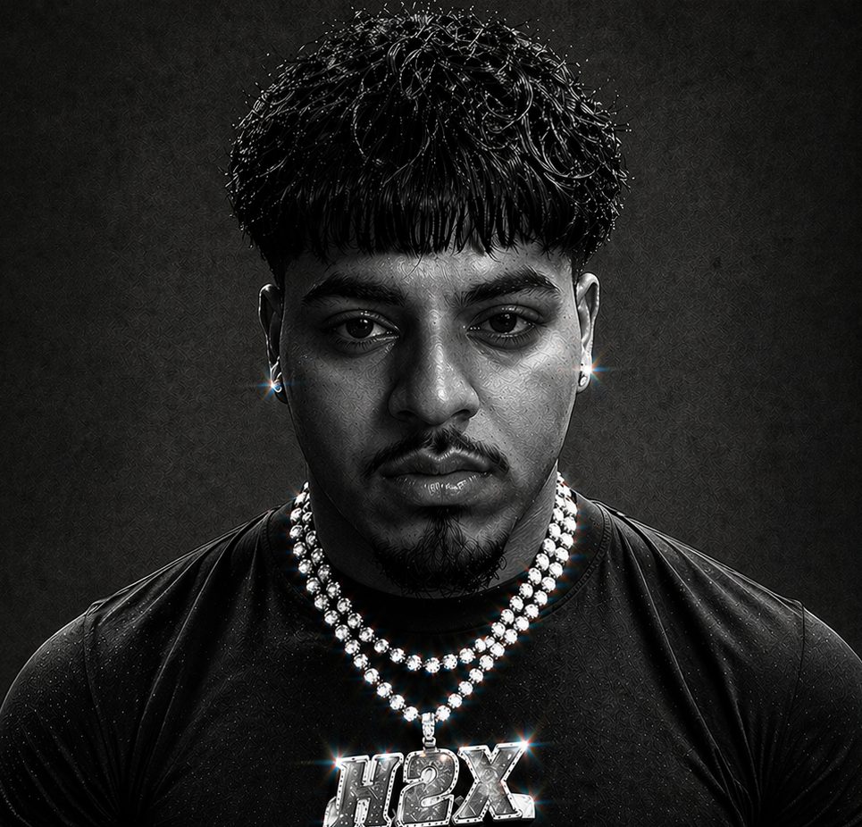 Black-and-white portrait of Harman 2x wearing his H2X chain